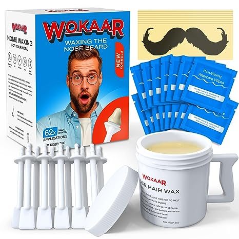 Nose Wax Kit, Wokaar New 120 g Hypoallergenic Hair Wax, 30 Applicators, Sanitary & Easy Ear Hair Waxing Kit. Nose Hair Removal Kit for Men and Women.15 Post Waxing Balm Wipes, 10 Mustache Guards - Perfect for Sensitive Skin