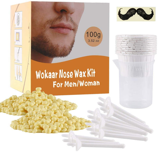 Nose Wax Kit, 100g Wax, 30 Applicators. Nose Ear Hair Instant Removal Kits from Wokaar (15-20 Times Usage ).Nostril Waxing Kit for Men and Women, Safe Easy Quick & Painless.10 Mustache Guards,15pcs Paper Cup
