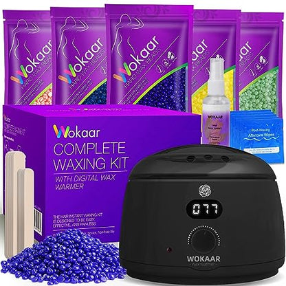 Wax Warmer Hair Removal Kit with 74 Wax Accessories 500g Hard Wax Beans for Eyebrows Lips Facial Armpit Brazilian Bikini Waxing Kit, Easy to use, Digital Display, for Sensitive skin