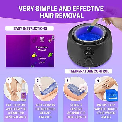 Wax Warmer Hair Removal Kit with 74 Wax Accessories 500g Hard Wax Beans for Eyebrows Lips Facial Armpit Brazilian Bikini Waxing Kit, Easy to use, Digital Display, for Sensitive skin