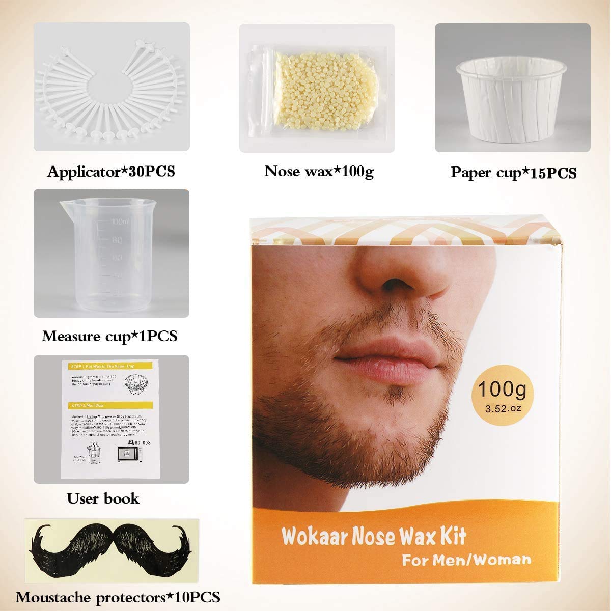 Nose Wax Kit, 100g Wax, 30 Applicators. Nose Ear Hair Instant Removal Kits from Wokaar (15-20 Times Usage ).Nostril Waxing Kit for Men and Women, Safe Easy Quick & Painless.10 Mustache Guards,15pcs Paper Cup